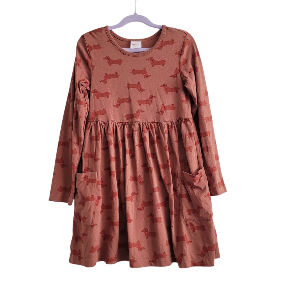 Hanna Andersson 6/7 Long Sleeve Playground Dress Wiener Dog Dachshund Brown